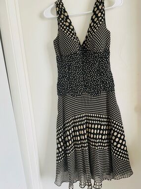 Black and Cream Polka-Dot Midi Dress with V-Neck